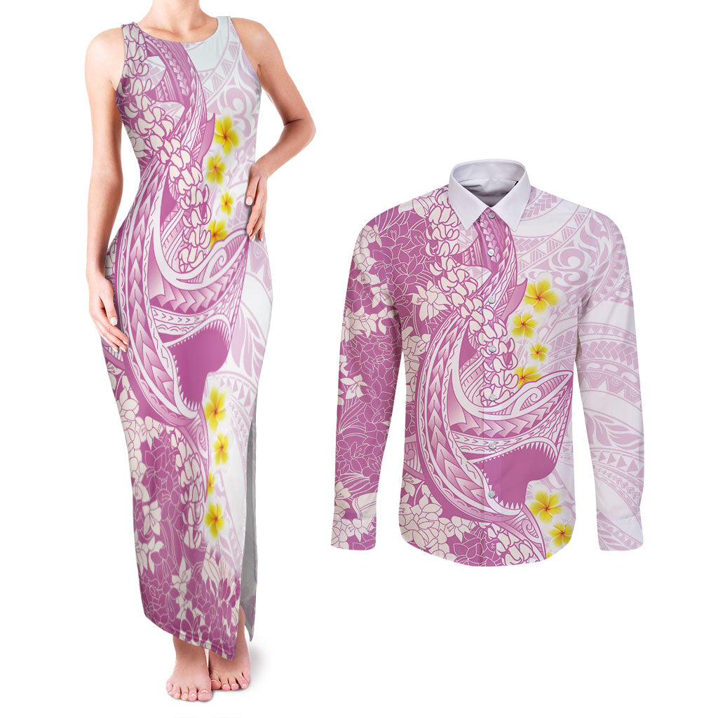 Purple Hawaii Shark Tattoo Couples Matching Tank Maxi Dress and Long Sleeve Button Shirt Puakenikeni Lei Plumeria Polynesian Pattern LT14 Purple - Polynesian Pride
