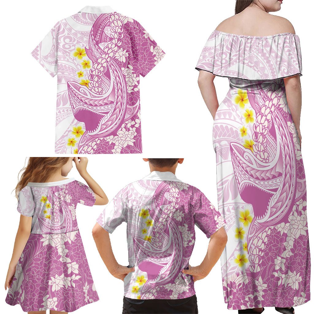 Purple Hawaii Shark Tattoo Family Matching Off Shoulder Maxi Dress and Hawaiian Shirt Puakenikeni Lei Plumeria Polynesian Pattern LT14 - Polynesian Pride