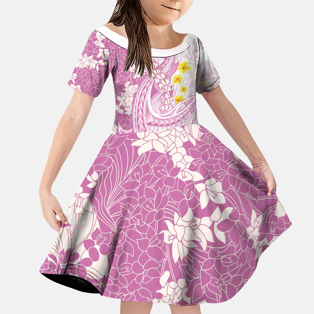 Purple Hawaii Shark Tattoo Family Matching Off Shoulder Short Dress and Hawaiian Shirt Puakenikeni Lei Plumeria Polynesian Pattern LT14 Daughter's Dress Purple - Polynesian Pride