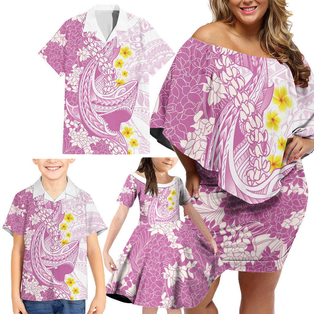 Purple Hawaii Shark Tattoo Family Matching Off Shoulder Short Dress and Hawaiian Shirt Puakenikeni Lei Plumeria Polynesian Pattern LT14 - Polynesian Pride