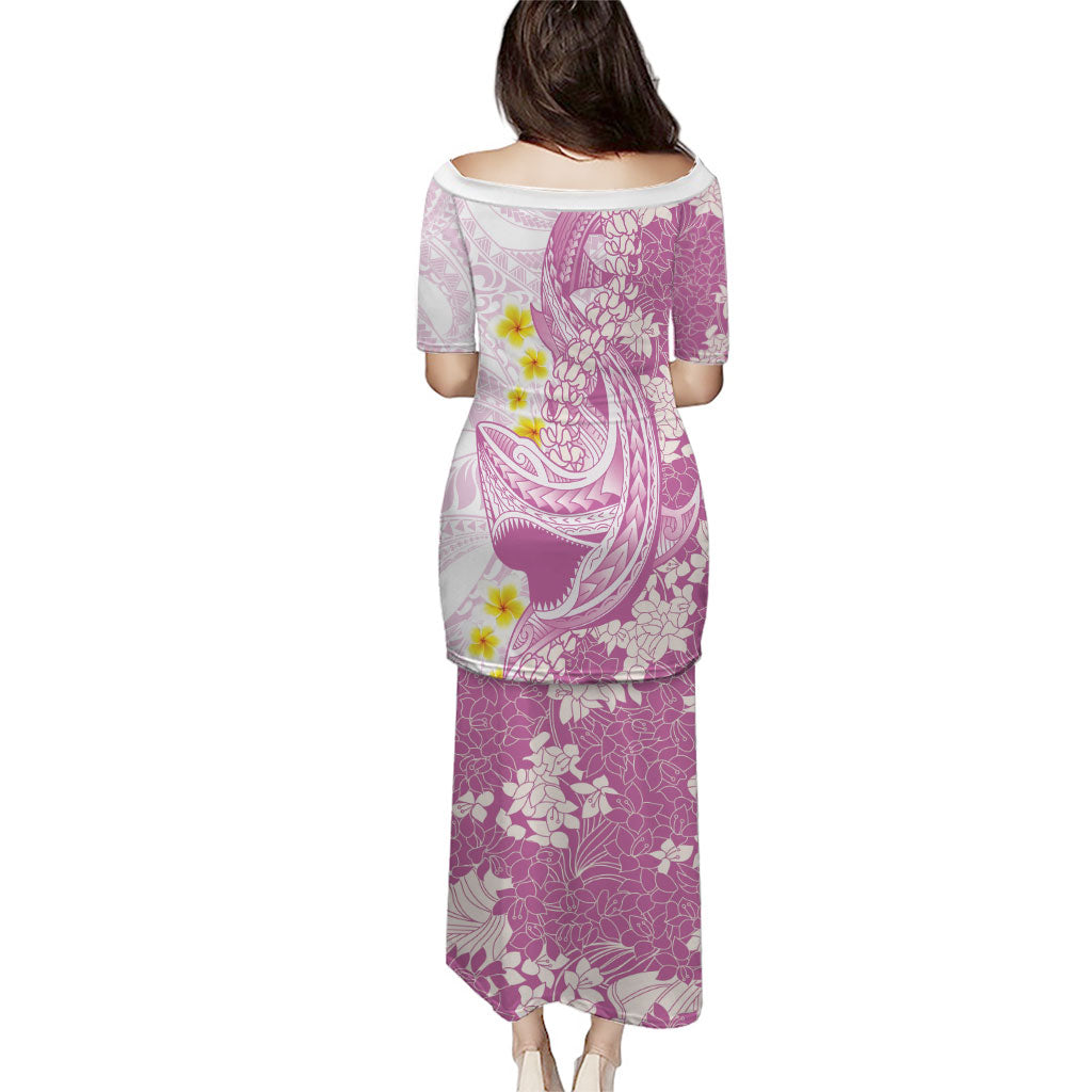Purple Hawaii Shark Tattoo Family Matching Puletasi and Hawaiian Shirt Puakenikeni Lei Plumeria Polynesian Pattern