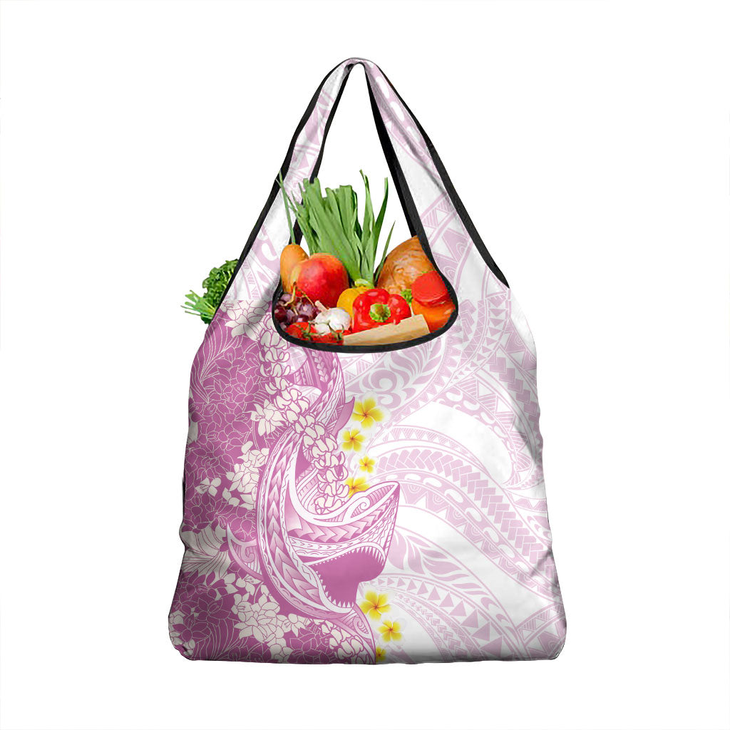 Purple Hawaii Shark Tattoo Grocery Bag Puakenikeni Lei Plumeria Polynesian Pattern