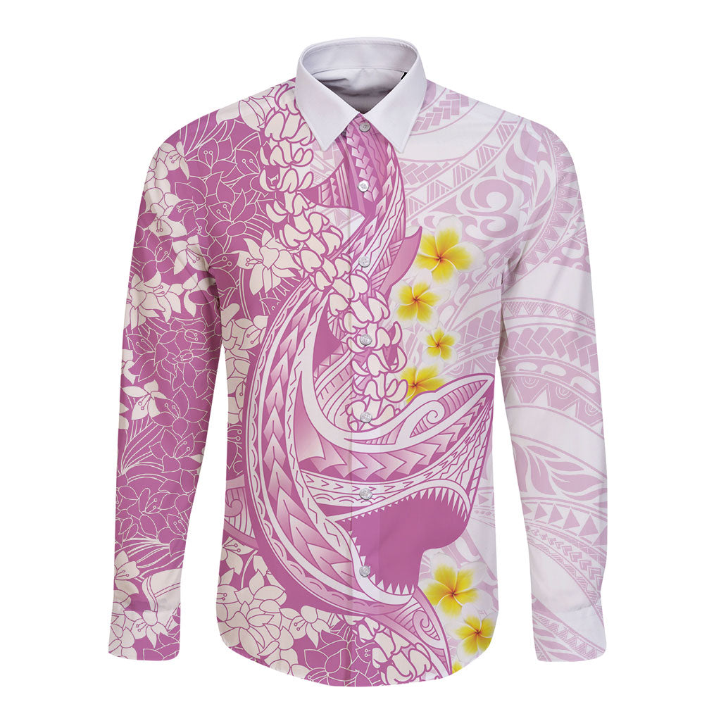Purple Hawaii Shark Tattoo Long Sleeve Button Shirt Puakenikeni Lei Plumeria Polynesian Pattern