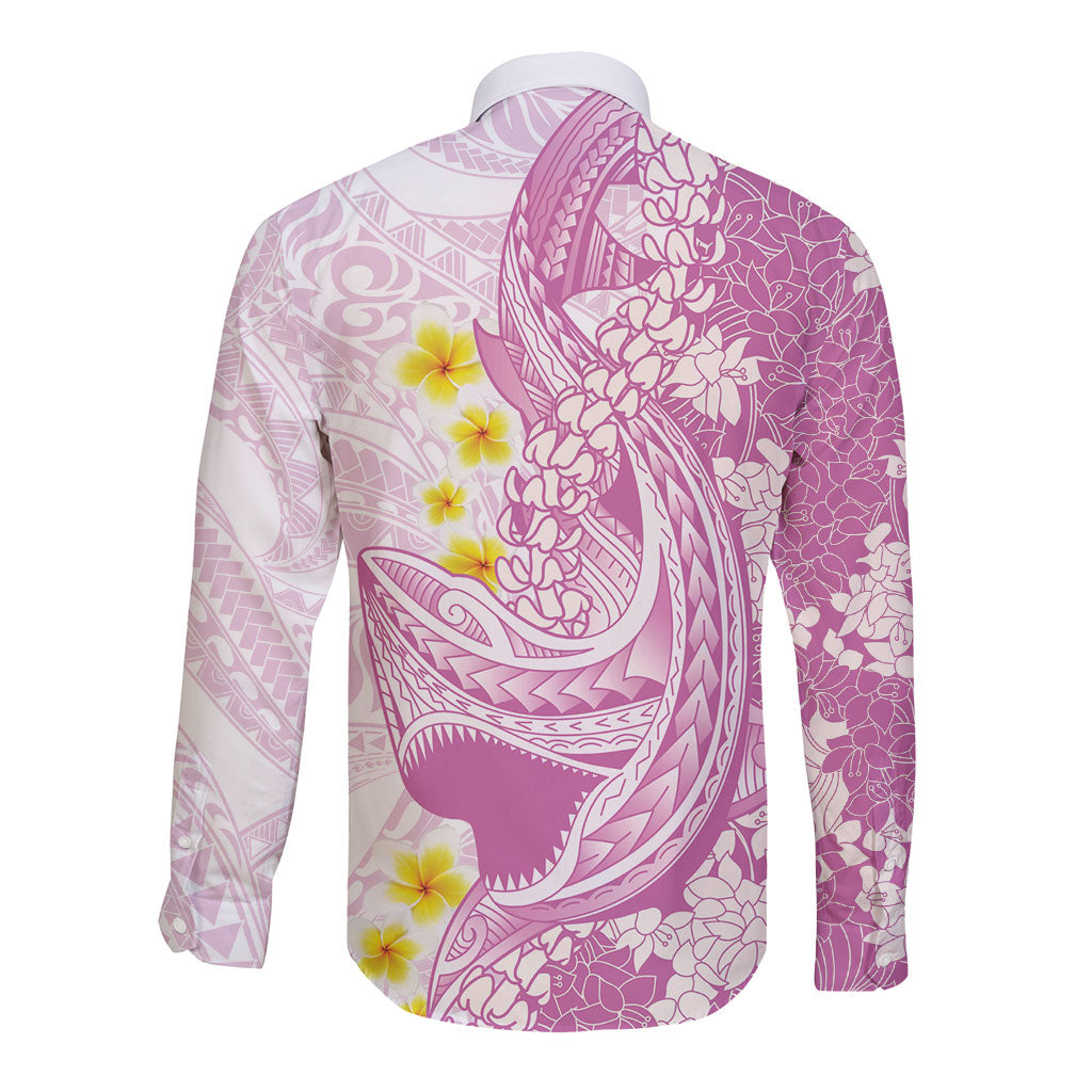 Purple Hawaii Shark Tattoo Long Sleeve Button Shirt Puakenikeni Lei Plumeria Polynesian Pattern