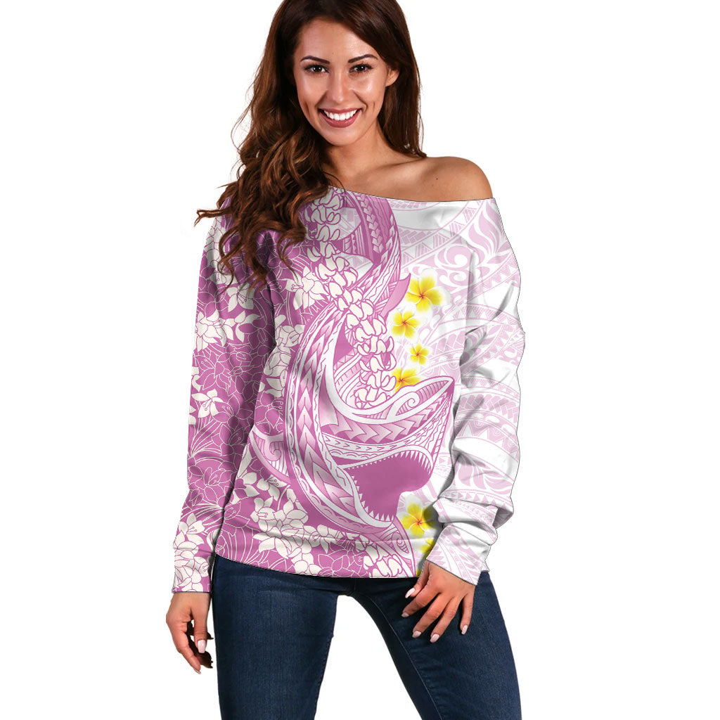 Purple Hawaii Shark Tattoo Off Shoulder Sweater Puakenikeni Lei Plumeria Polynesian Pattern