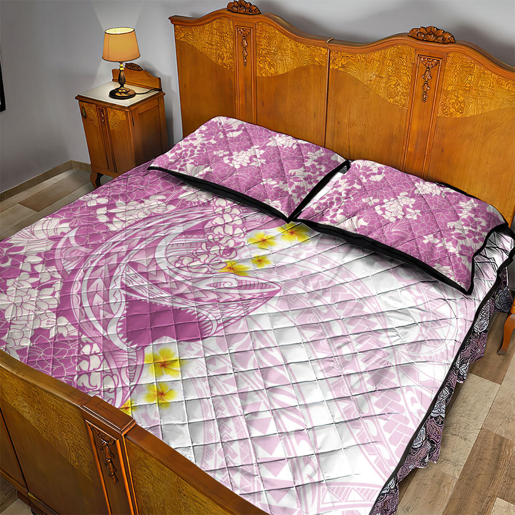 Purple Hawaii Shark Tattoo Quilt Bed Set Puakenikeni Lei Plumeria Polynesian Pattern