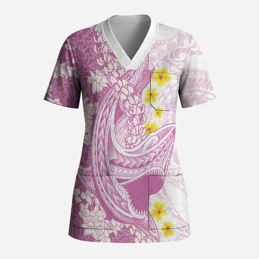 Purple Hawaii Shark Tattoo Scrub Top Puakenikeni Lei Plumeria Polynesian Pattern