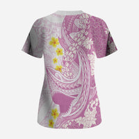 Purple Hawaii Shark Tattoo Scrub Top Puakenikeni Lei Plumeria Polynesian Pattern