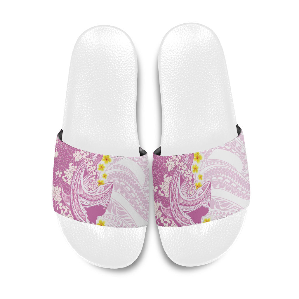 Purple Hawaii Shark Tattoo Slide Sandals Puakenikeni Lei Plumeria Polynesian Pattern