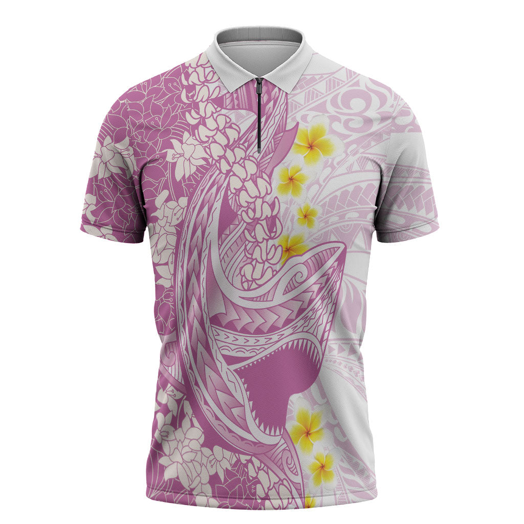 Purple Hawaii Shark Tattoo Zipper Polo Shirt Puakenikeni Lei Plumeria Polynesian Pattern