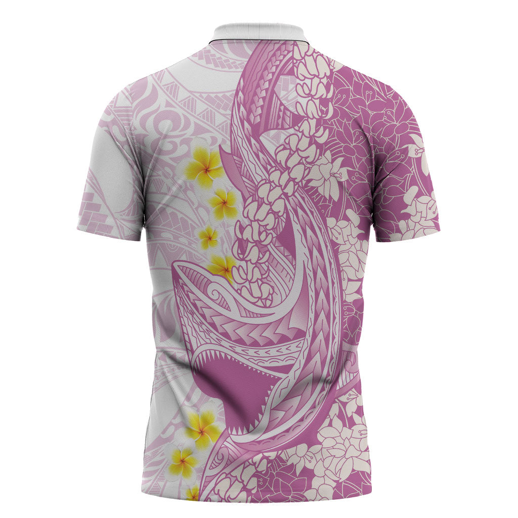 Purple Hawaii Shark Tattoo Zipper Polo Shirt Puakenikeni Lei Plumeria Polynesian Pattern