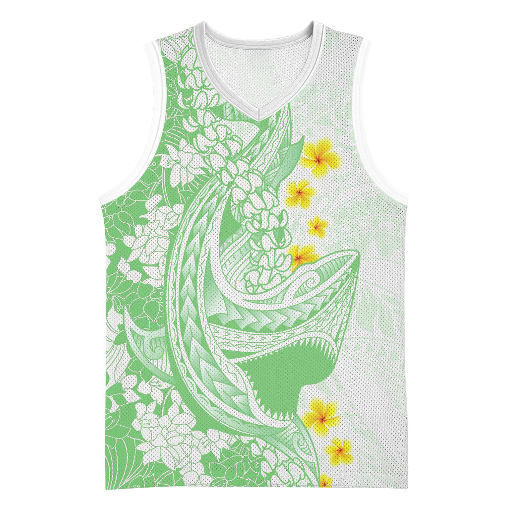 Green Hawaii Shark Tattoo Basketball Jersey Puakenikeni Lei Plumeria Polynesian Pattern