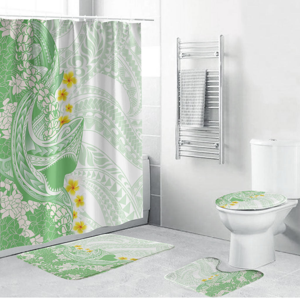 Green Hawaii Shark Tattoo Bathroom Set Puakenikeni Lei Plumeria Polynesian Pattern