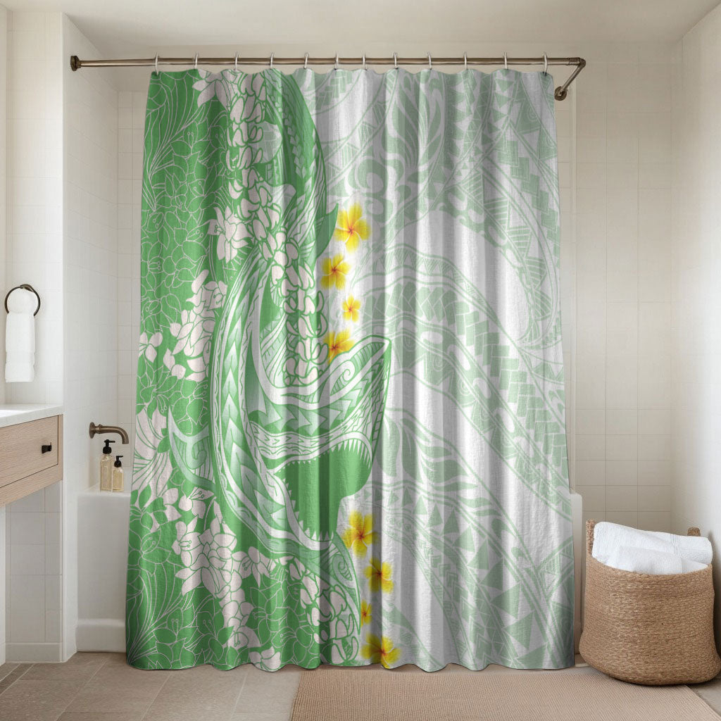 Green Hawaii Shark Tattoo Bathroom Set Puakenikeni Lei Plumeria Polynesian Pattern