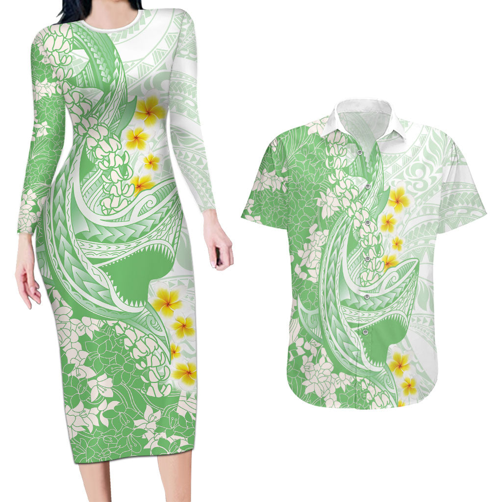 Green Hawaii Shark Tattoo Couples Matching Long Sleeve Bodycon Dress and Hawaiian Shirt Puakenikeni Lei Plumeria Polynesian Pattern LT14 Green - Polynesian Pride