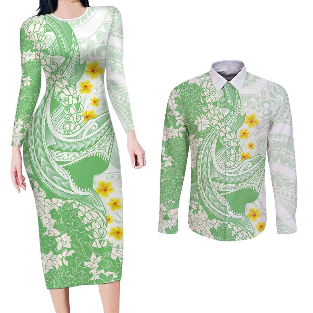 Green Hawaii Shark Tattoo Couples Matching Long Sleeve Bodycon Dress and Long Sleeve Button Shirt Puakenikeni Lei Plumeria Polynesian Pattern LT14 Green - Polynesian Pride