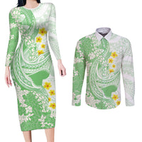 Green Hawaii Shark Tattoo Couples Matching Long Sleeve Bodycon Dress and Long Sleeve Button Shirt Puakenikeni Lei Plumeria Polynesian Pattern LT14 Green - Polynesian Pride
