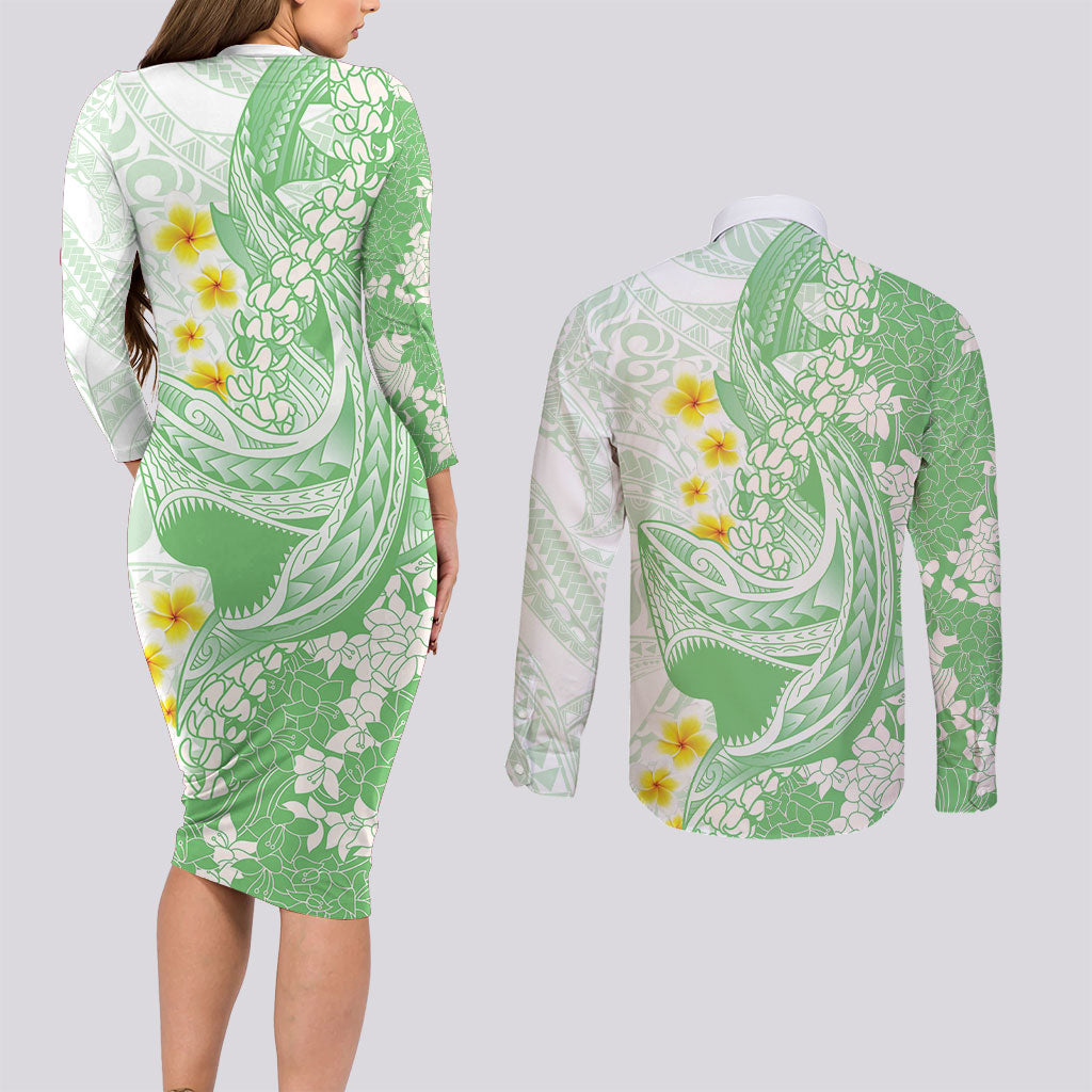 Green Hawaii Shark Tattoo Couples Matching Long Sleeve Bodycon Dress and Long Sleeve Button Shirt Puakenikeni Lei Plumeria Polynesian Pattern LT14 - Polynesian Pride