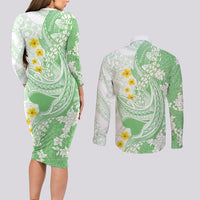 Green Hawaii Shark Tattoo Couples Matching Long Sleeve Bodycon Dress and Long Sleeve Button Shirt Puakenikeni Lei Plumeria Polynesian Pattern LT14 - Polynesian Pride