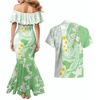 Green Hawaii Shark Tattoo Couples Matching Mermaid Dress and Hawaiian Shirt Puakenikeni Lei Plumeria Polynesian Pattern LT14 - Polynesian Pride