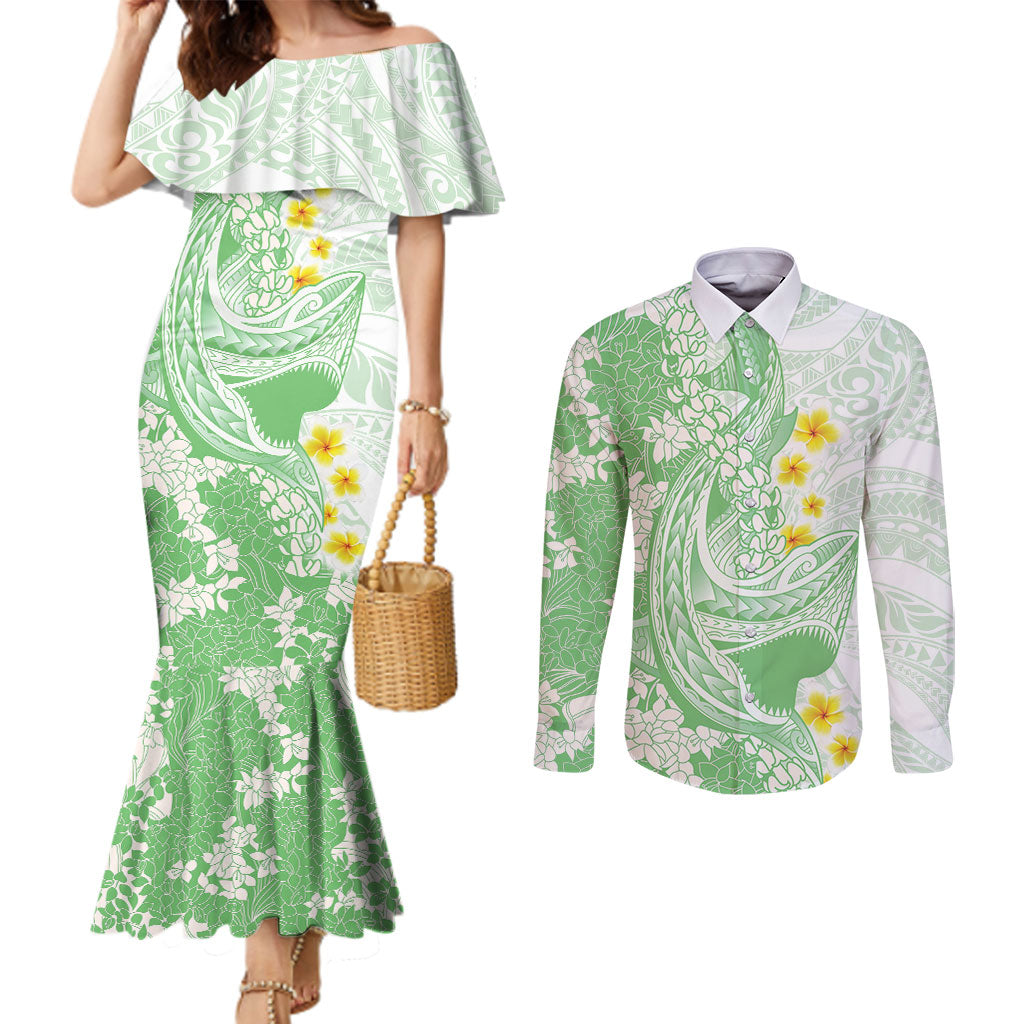 Green Hawaii Shark Tattoo Couples Matching Mermaid Dress and Long Sleeve Button Shirt Puakenikeni Lei Plumeria Polynesian Pattern