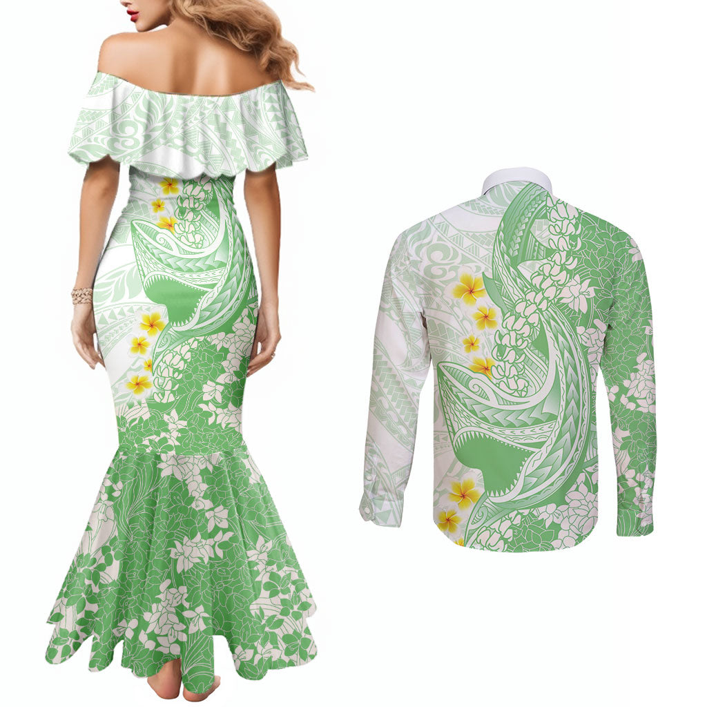 Green Hawaii Shark Tattoo Couples Matching Mermaid Dress and Long Sleeve Button Shirt Puakenikeni Lei Plumeria Polynesian Pattern LT14 - Polynesian Pride