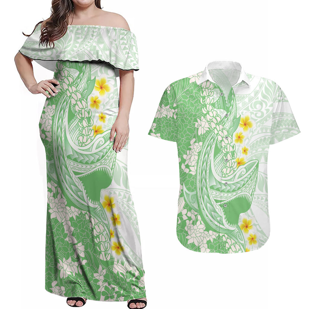 Green Hawaii Shark Tattoo Couples Matching Off Shoulder Maxi Dress and Hawaiian Shirt Puakenikeni Lei Plumeria Polynesian Pattern LT14 Green - Polynesian Pride