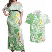 Green Hawaii Shark Tattoo Couples Matching Off Shoulder Maxi Dress and Hawaiian Shirt Puakenikeni Lei Plumeria Polynesian Pattern LT14 Green - Polynesian Pride