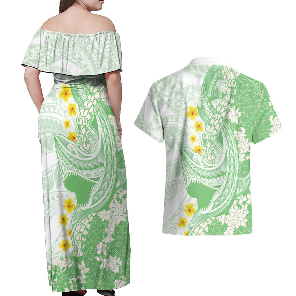 Green Hawaii Shark Tattoo Couples Matching Off Shoulder Maxi Dress and Hawaiian Shirt Puakenikeni Lei Plumeria Polynesian Pattern LT14 - Polynesian Pride