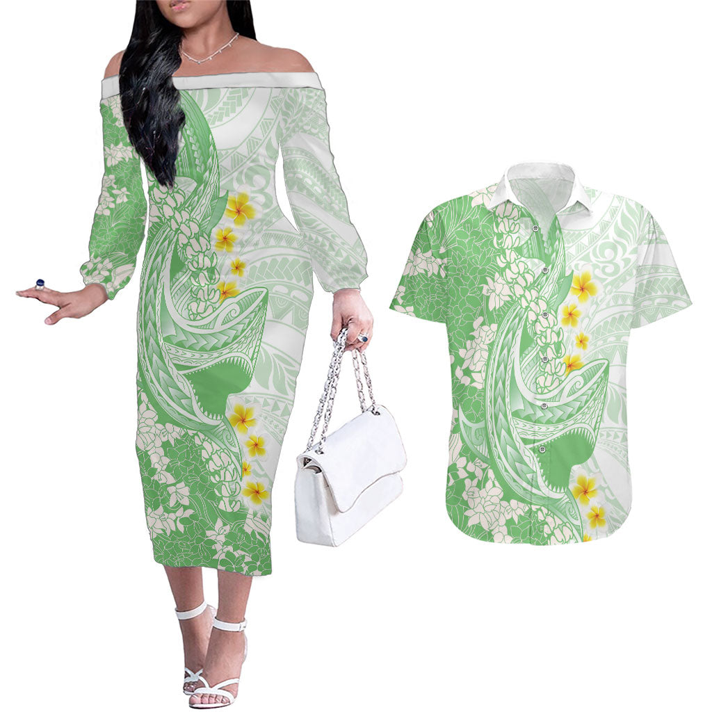 Green Hawaii Shark Tattoo Couples Matching Off The Shoulder Long Sleeve Dress and Hawaiian Shirt Puakenikeni Lei Plumeria Polynesian Pattern LT14 Green - Polynesian Pride