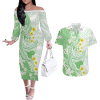 Green Hawaii Shark Tattoo Couples Matching Off The Shoulder Long Sleeve Dress and Hawaiian Shirt Puakenikeni Lei Plumeria Polynesian Pattern LT14 Green - Polynesian Pride