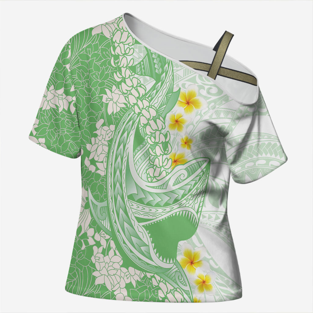 Green Hawaii Shark Tattoo Cross Shoulder Shirt Puakenikeni Lei Plumeria Polynesian Pattern
