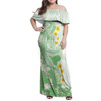 Green Hawaii Shark Tattoo Family Matching Off Shoulder Maxi Dress and Hawaiian Shirt Puakenikeni Lei Plumeria Polynesian Pattern LT14 Mom's Dress Green - Polynesian Pride