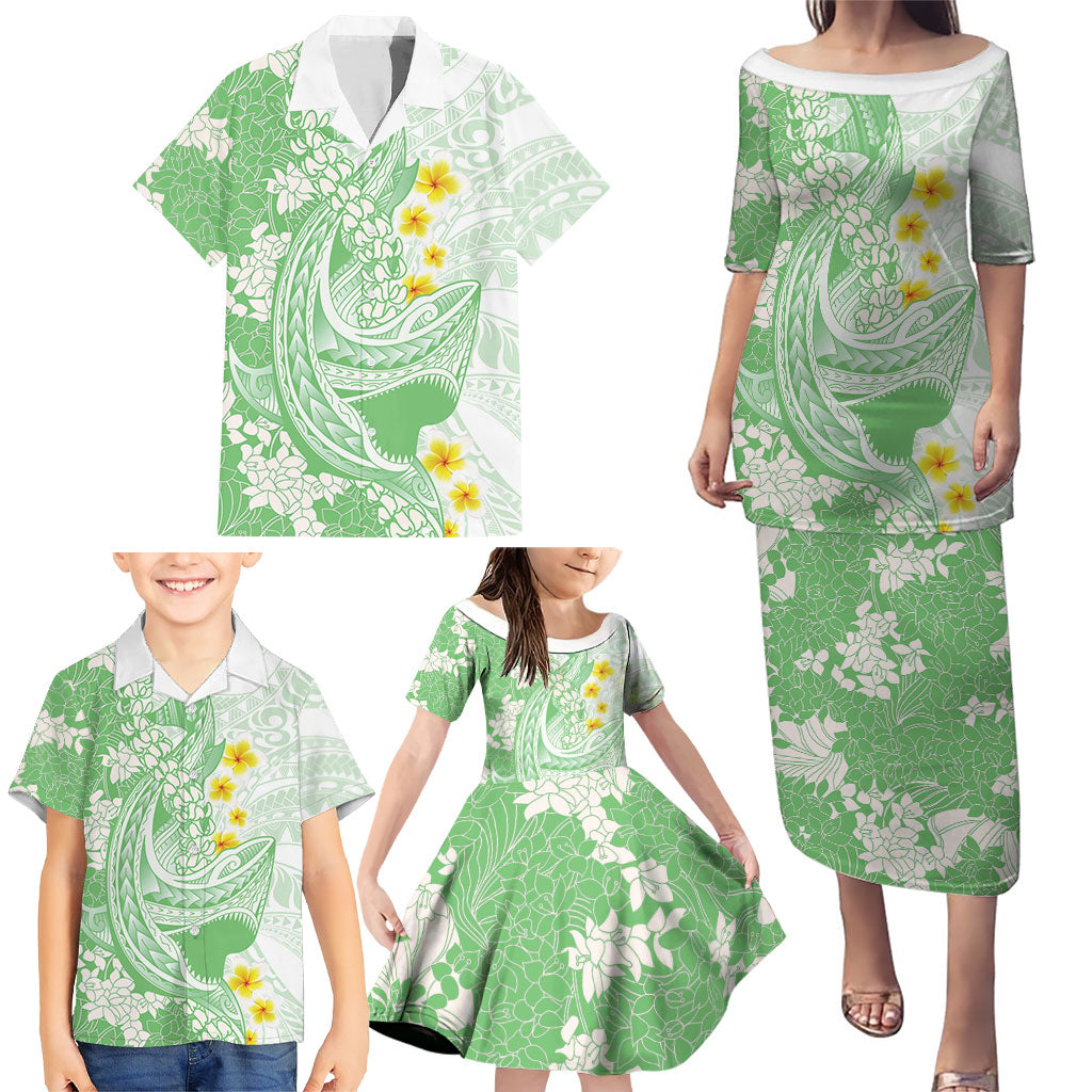Green Hawaii Shark Tattoo Family Matching Puletasi and Hawaiian Shirt Puakenikeni Lei Plumeria Polynesian Pattern