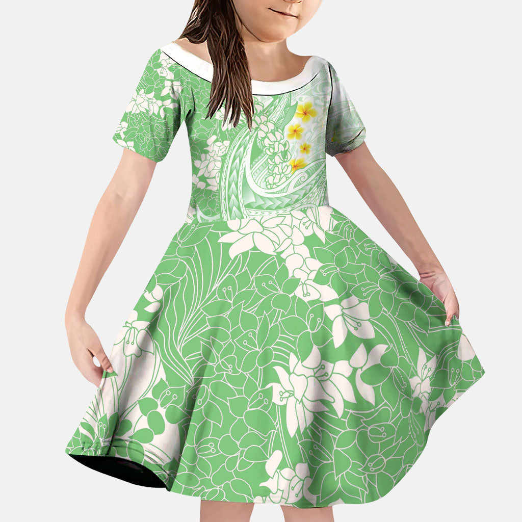 Green Hawaii Shark Tattoo Family Matching Tank Maxi Dress and Hawaiian Shirt Puakenikeni Lei Plumeria Polynesian Pattern LT14 Daughter's Dress Green - Polynesian Pride