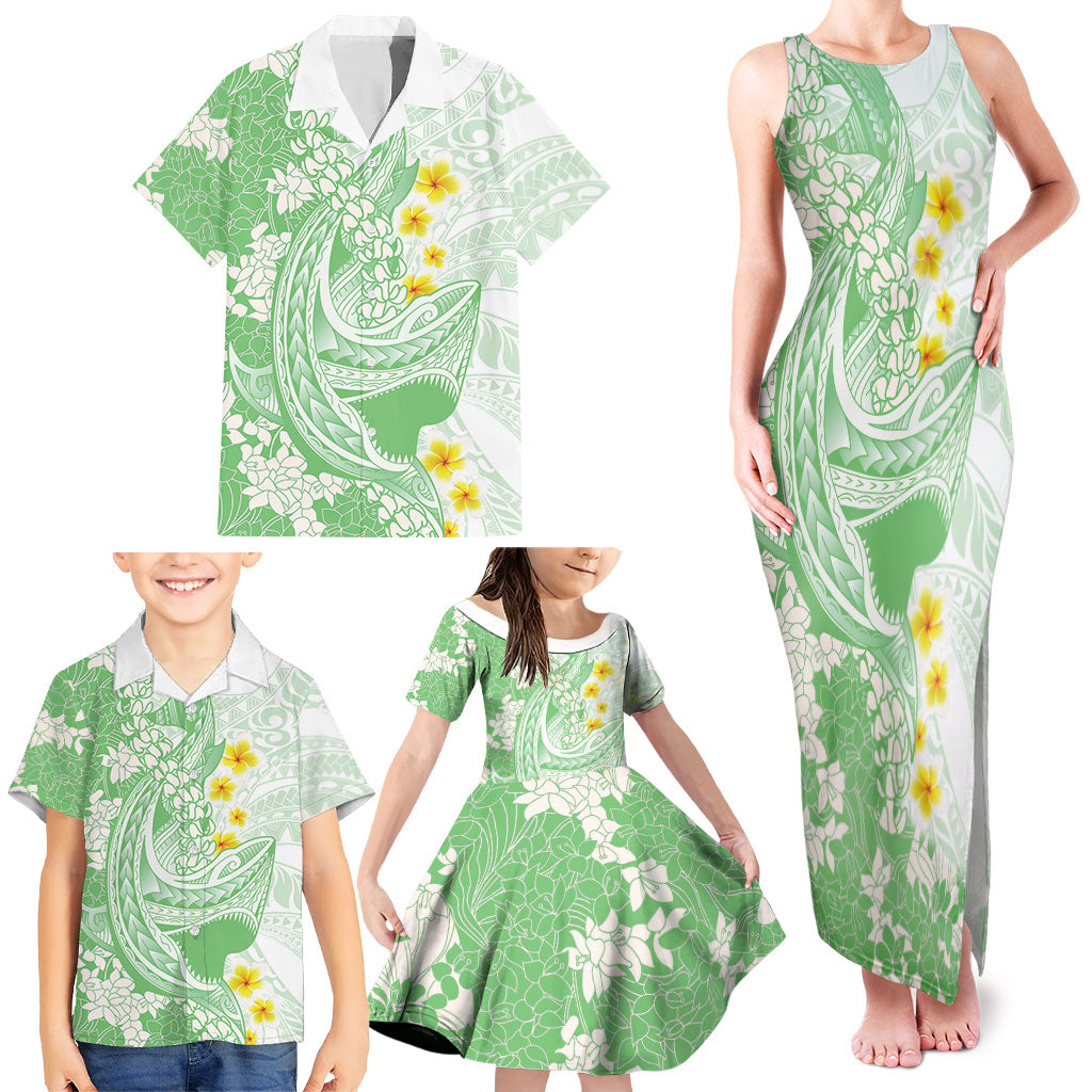 Green Hawaii Shark Tattoo Family Matching Tank Maxi Dress and Hawaiian Shirt Puakenikeni Lei Plumeria Polynesian Pattern LT14 - Polynesian Pride