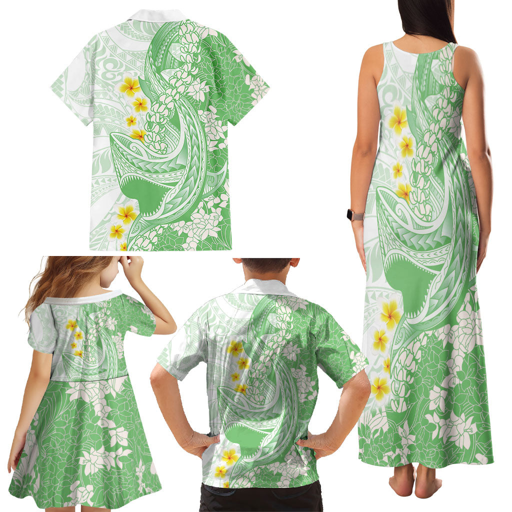 Green Hawaii Shark Tattoo Family Matching Tank Maxi Dress and Hawaiian Shirt Puakenikeni Lei Plumeria Polynesian Pattern LT14 - Polynesian Pride