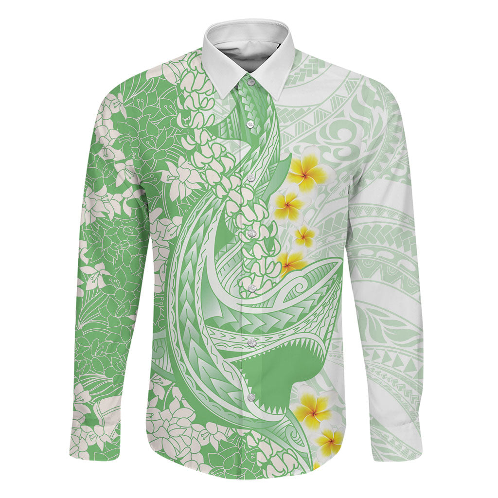 Green Hawaii Shark Tattoo Family Matching Tank Maxi Dress and Hawaiian Shirt Puakenikeni Lei Plumeria Polynesian Pattern LT14 Dad's Shirt - Long Sleeve Green - Polynesian Pride