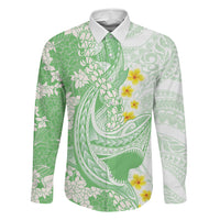 Green Hawaii Shark Tattoo Family Matching Tank Maxi Dress and Hawaiian Shirt Puakenikeni Lei Plumeria Polynesian Pattern LT14 Dad's Shirt - Long Sleeve Green - Polynesian Pride