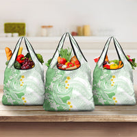 Green Hawaii Shark Tattoo Grocery Bag Puakenikeni Lei Plumeria Polynesian Pattern
