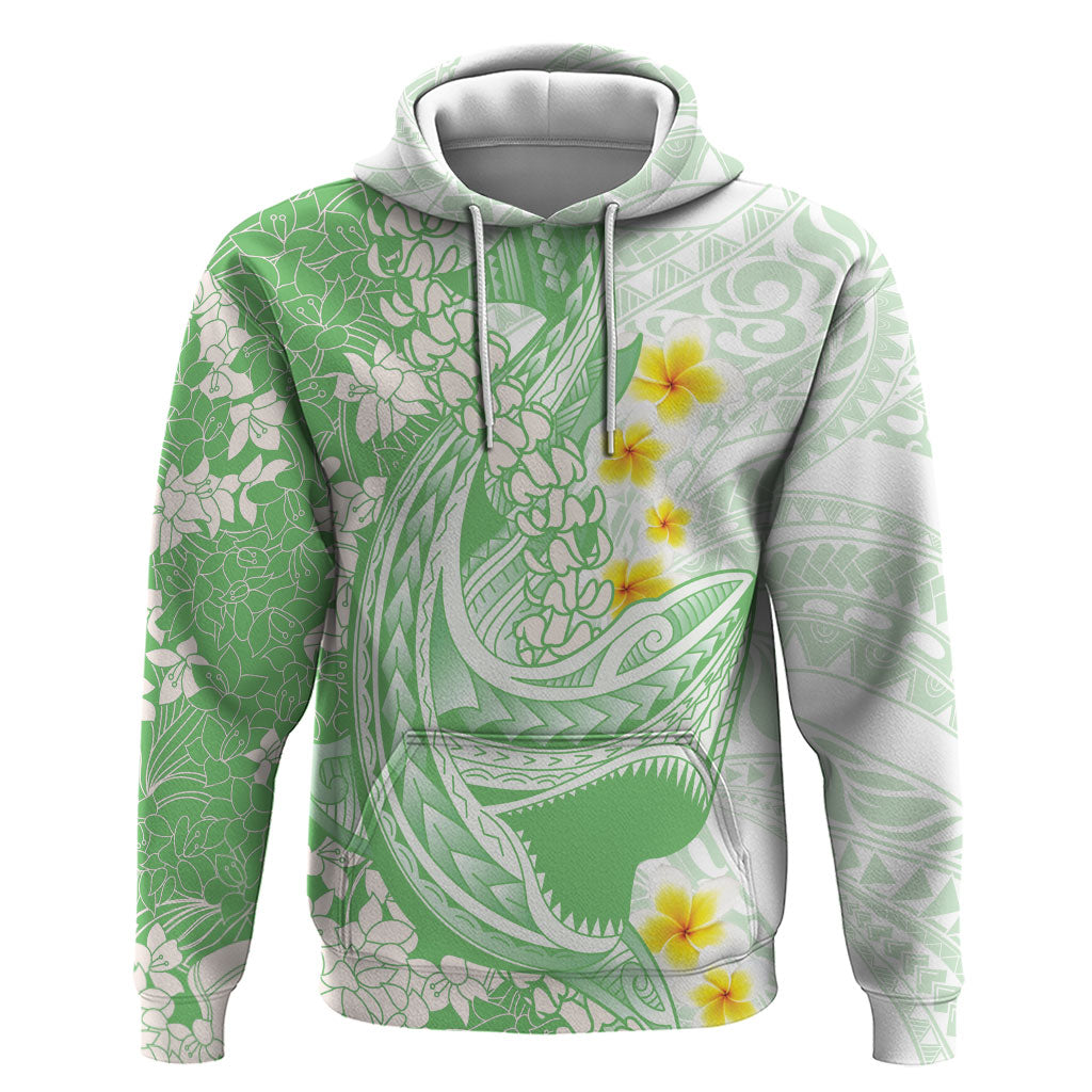 Green Hawaii Shark Tattoo Hoodie Puakenikeni Lei Plumeria Polynesian Pattern LT14 Pullover Hoodie Green - Polynesian Pride