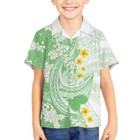 Green Hawaii Shark Tattoo Kid Hawaiian Shirt Puakenikeni Lei Plumeria Polynesian Pattern LT14 Kid Green - Polynesian Pride