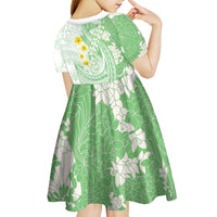 Green Hawaii Shark Tattoo Kid Short Sleeve Dress Puakenikeni Lei Plumeria Polynesian Pattern