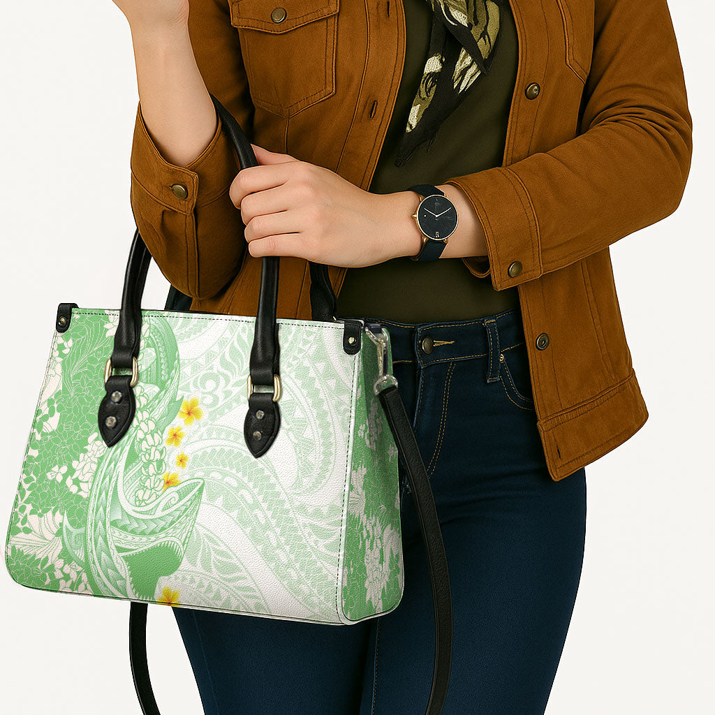 Green Hawaii Shark Tattoo Leather Bag Puakenikeni Lei Plumeria Polynesian Pattern