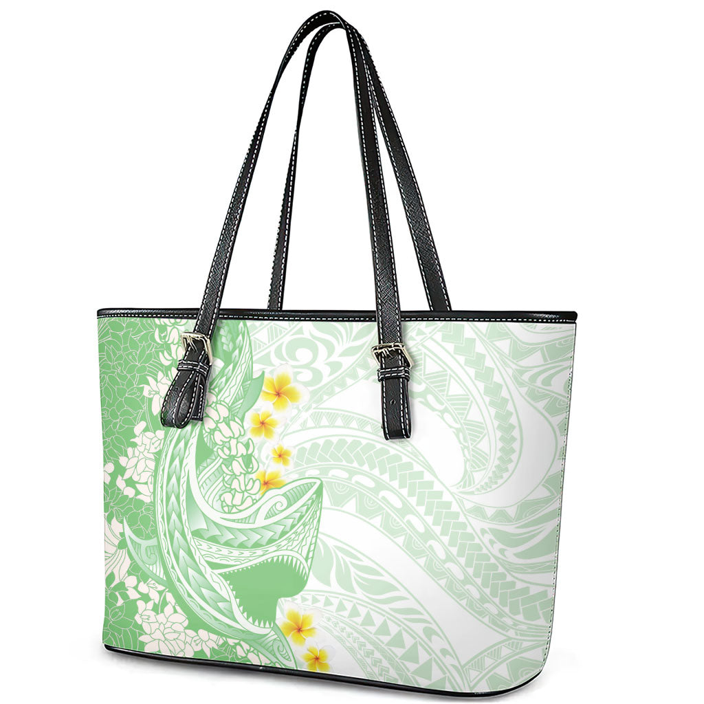 Green Hawaii Shark Tattoo Leather Tote Bag Puakenikeni Lei Plumeria Polynesian Pattern