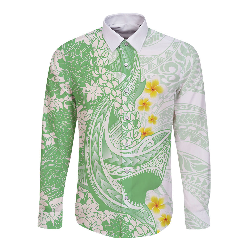 Green Hawaii Shark Tattoo Long Sleeve Button Shirt Puakenikeni Lei Plumeria Polynesian Pattern