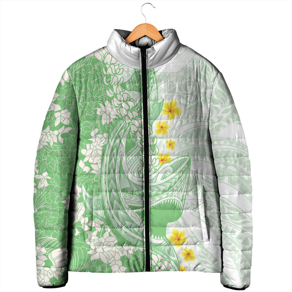 Green Hawaii Shark Tattoo Padded Jacket Puakenikeni Lei Plumeria Polynesian Pattern