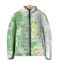 Green Hawaii Shark Tattoo Padded Jacket Puakenikeni Lei Plumeria Polynesian Pattern