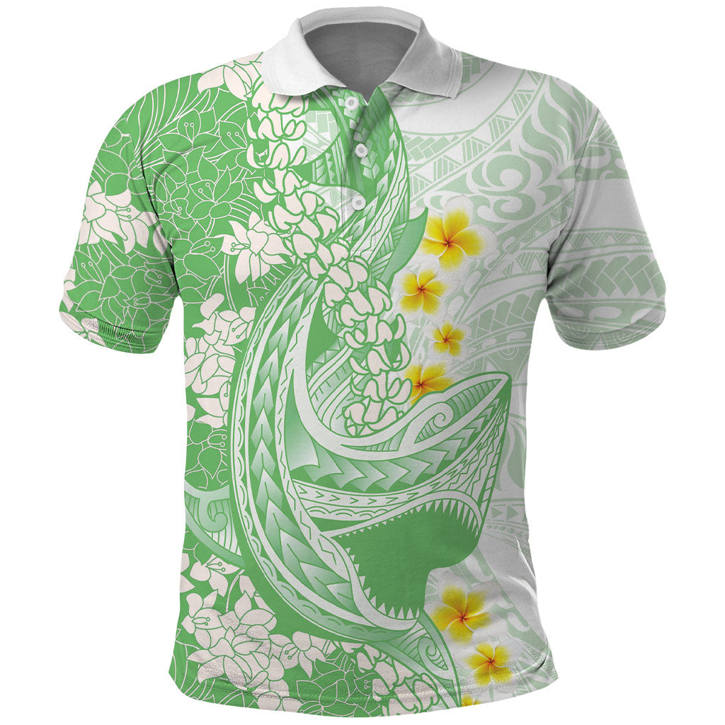 Green Hawaii Shark Tattoo Polo Shirt Puakenikeni Lei Plumeria Polynesian Pattern