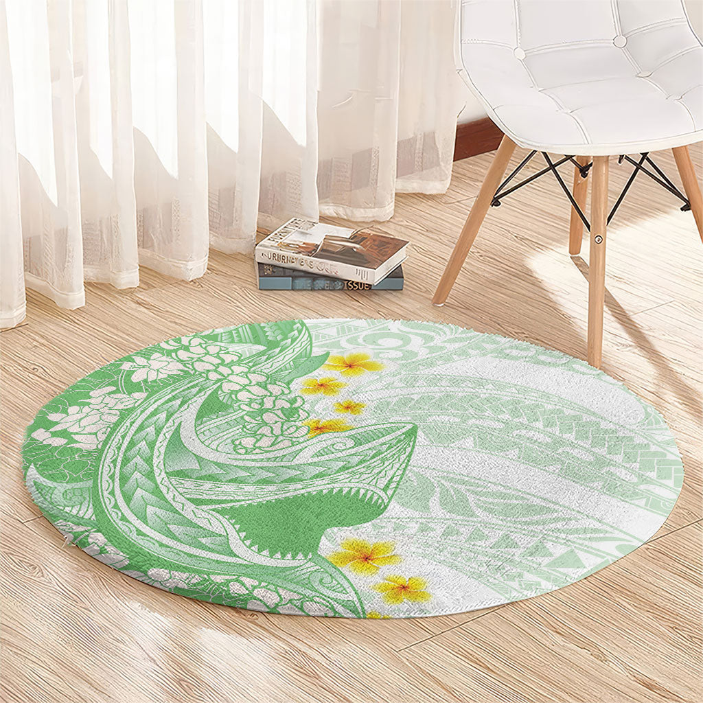 Green Hawaii Shark Tattoo Round Carpet Puakenikeni Lei Plumeria Polynesian Pattern
